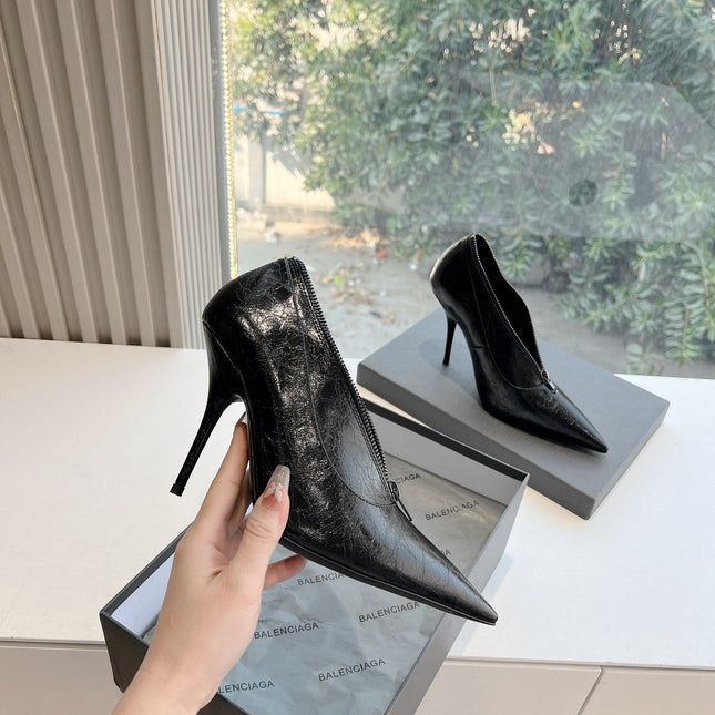 ZIPPER POINTED-TOE HIGH PUMPS IN BLACK WAX-OIL SHEEPSKIN