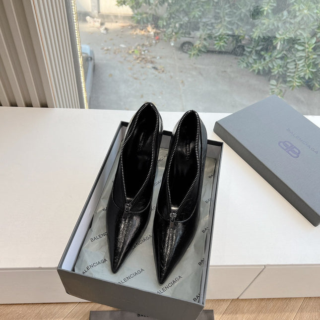 ZIPPER POINTED-TOE HIGH PUMPS IN BLACK WAX-OIL SHEEPSKIN