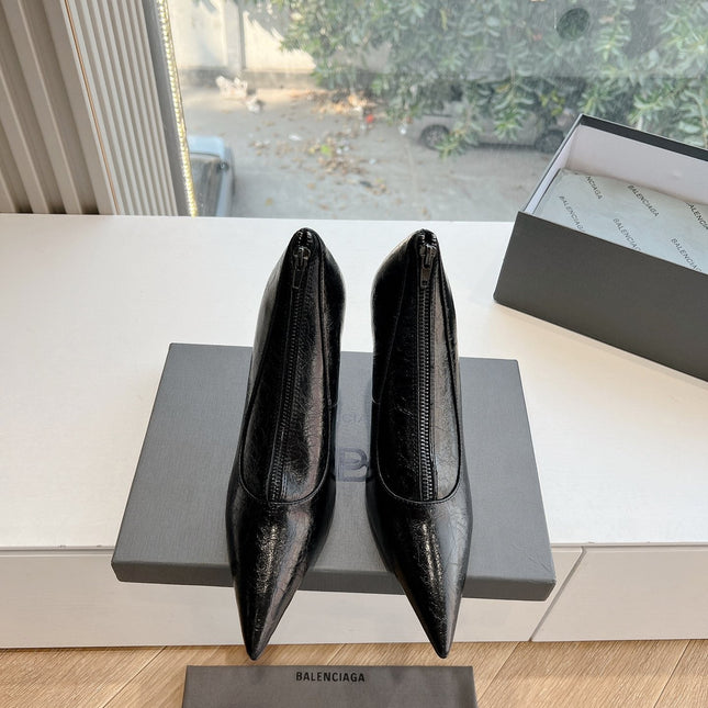 ZIPPER POINTED-TOE HIGH PUMPS IN BLACK WAX-OIL SHEEPSKIN