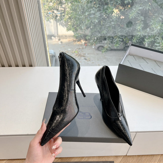 ZIPPER POINTED-TOE HIGH PUMPS IN BLACK WAX-OIL SHEEPSKIN