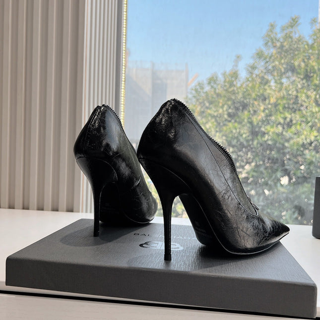 ZIPPER POINTED-TOE HIGH PUMPS IN BLACK WAX-OIL SHEEPSKIN