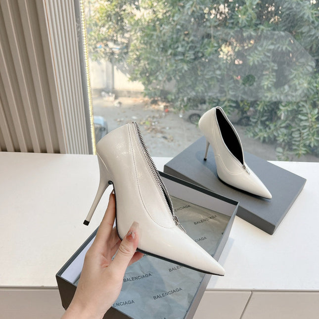 ZIPPER POINTED-TOE HIGH PUMPS IN WHITE WAX-OIL SHEEPSKIN