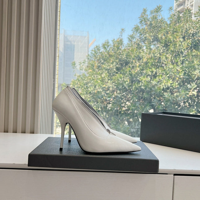ZIPPER POINTED-TOE HIGH PUMPS IN WHITE WAX-OIL SHEEPSKIN