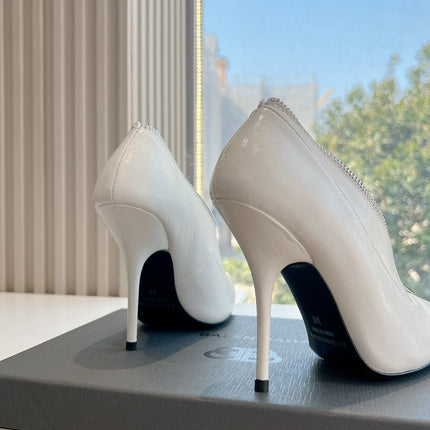 ZIPPER POINTED-TOE HIGH PUMPS IN WHITE WAX-OIL SHEEPSKIN