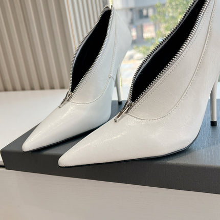 ZIPPER POINTED-TOE HIGH PUMPS IN WHITE WAX-OIL SHEEPSKIN
