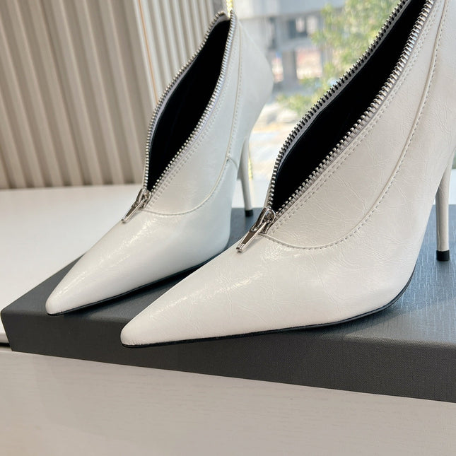ZIPPER POINTED-TOE HIGH PUMPS IN WHITE WAX-OIL SHEEPSKIN