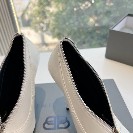 ZIPPER POINTED-TOE HIGH PUMPS IN WHITE WAX-OIL SHEEPSKIN