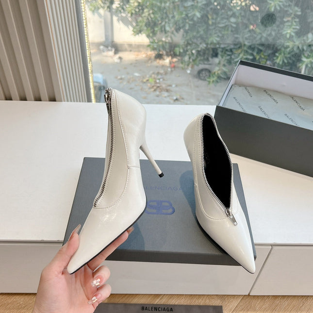 ZIPPER POINTED-TOE HIGH PUMPS IN WHITE WAX-OIL SHEEPSKIN