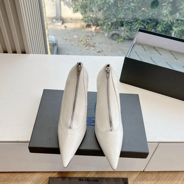 ZIPPER POINTED-TOE HIGH PUMPS IN WHITE WAX-OIL SHEEPSKIN