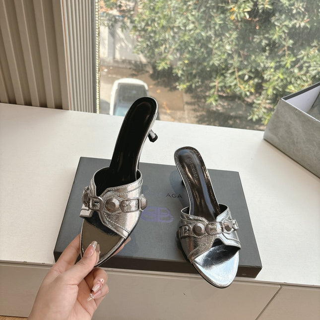 CAGOLE MID-HEEL MULES IN SILVER METALLIC CALFSKIN