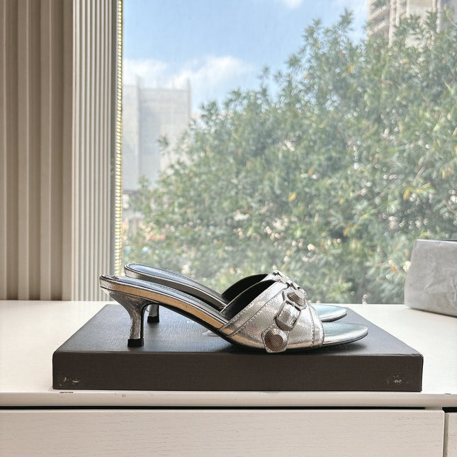 CAGOLE MID-HEEL MULES IN SILVER METALLIC CALFSKIN