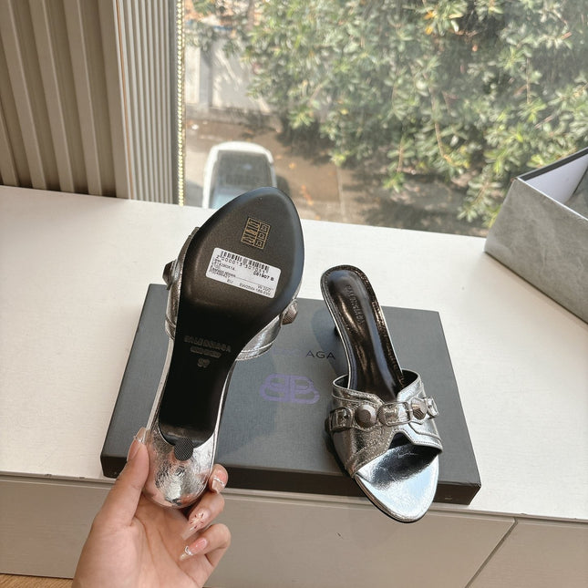 CAGOLE MID-HEEL MULES IN SILVER METALLIC CALFSKIN