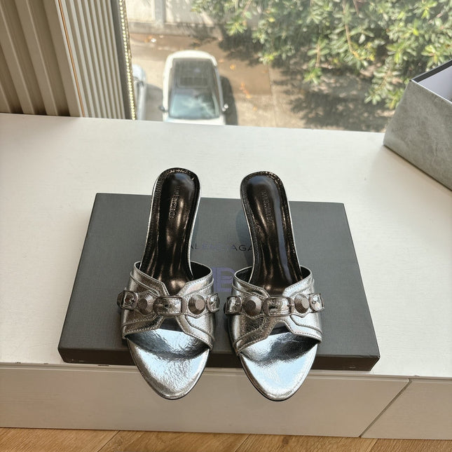CAGOLE MID-HEEL MULES IN SILVER METALLIC CALFSKIN