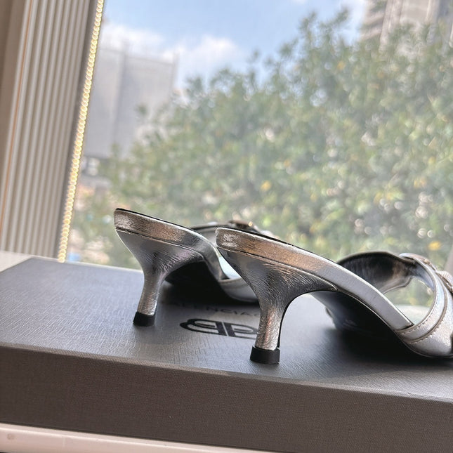 CAGOLE MID-HEEL MULES IN SILVER METALLIC CALFSKIN