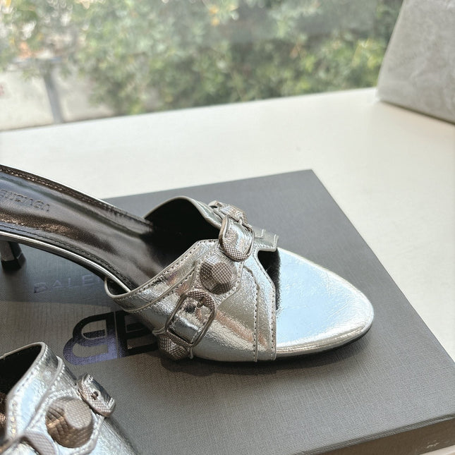 CAGOLE MID-HEEL MULES IN SILVER METALLIC CALFSKIN