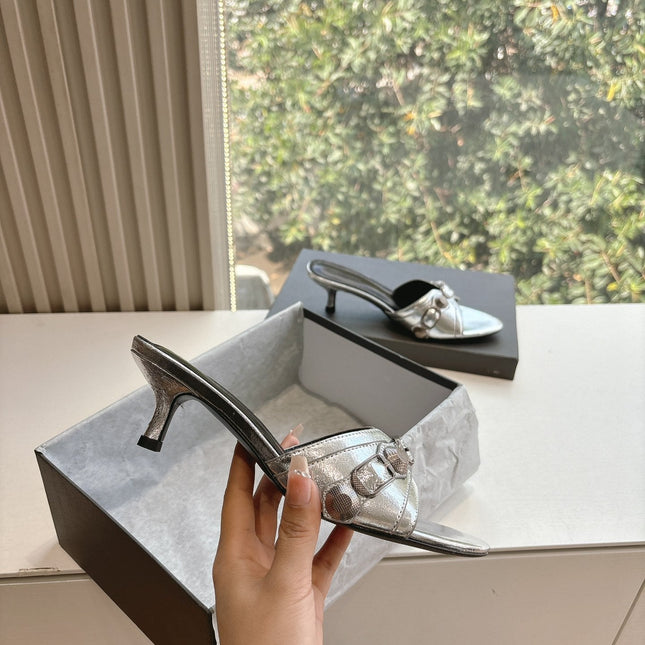 CAGOLE MID-HEEL MULES IN SILVER METALLIC CALFSKIN