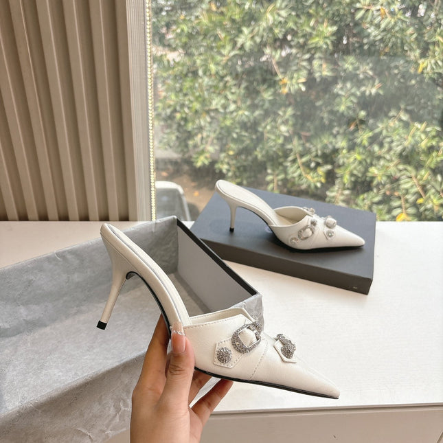 CRYSTAL BUCKLE WHITE CALFSKIN HEELED MULES