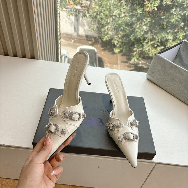 CRYSTAL BUCKLE WHITE CALFSKIN HEELED MULES