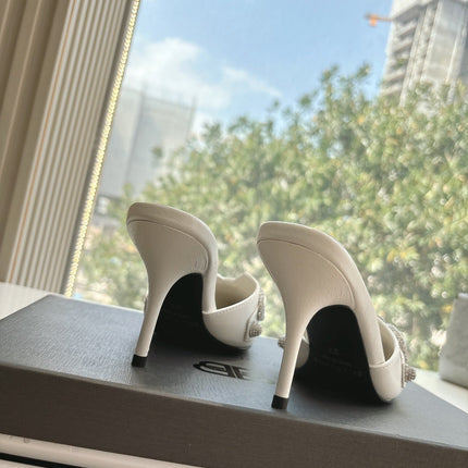CRYSTAL BUCKLE WHITE CALFSKIN HEELED MULES