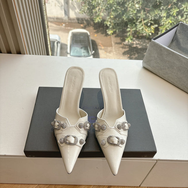 CRYSTAL BUCKLE WHITE CALFSKIN HEELED MULES