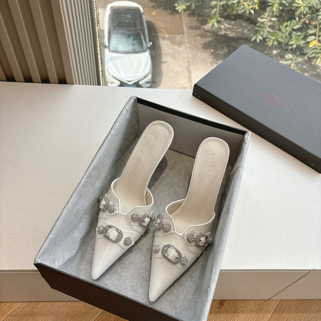 CRYSTAL BUCKLE WHITE CALFSKIN HEELED MULES