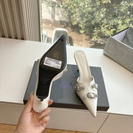 CRYSTAL BUCKLE WHITE CALFSKIN HEELED MULES