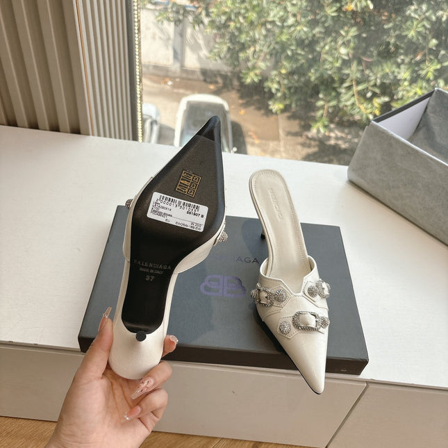 CRYSTAL BUCKLE WHITE CALFSKIN HEELED MULES