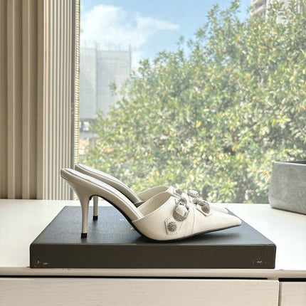 CRYSTAL BUCKLE WHITE CALFSKIN HEELED MULES