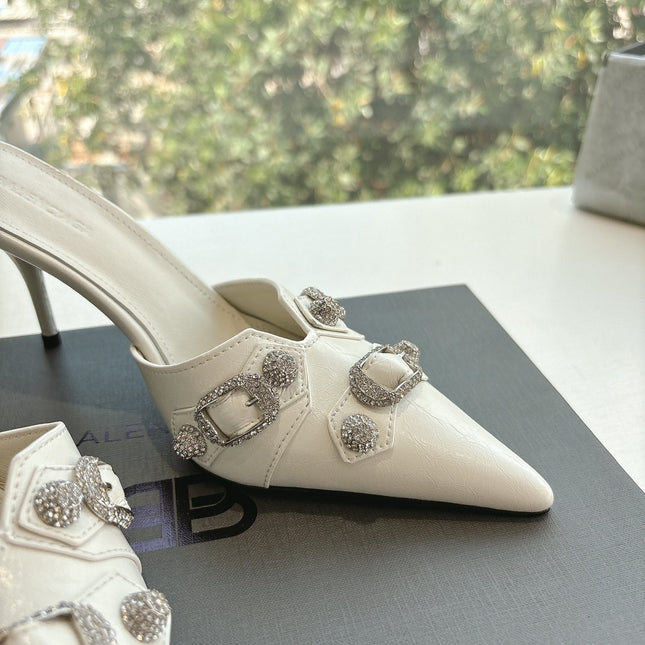 CRYSTAL BUCKLE WHITE CALFSKIN HEELED MULES