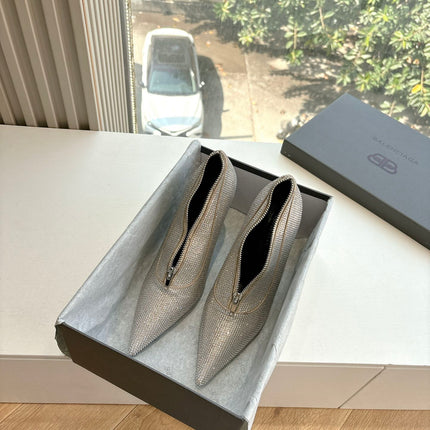 ZIPPER POINTED-TOE HIGH PUMPS IN BEIGE SUEDE ATTACHED SILVER CRYSTAL