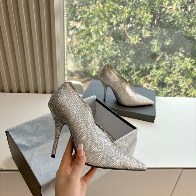 ZIPPER POINTED-TOE HIGH PUMPS IN BEIGE SUEDE ATTACHED SILVER CRYSTAL