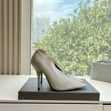 ZIPPER POINTED-TOE HIGH PUMPS IN BEIGE SUEDE ATTACHED SILVER CRYSTAL