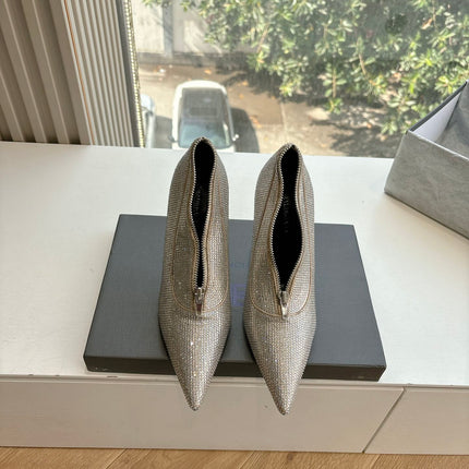 ZIPPER POINTED-TOE HIGH PUMPS IN BEIGE SUEDE ATTACHED SILVER CRYSTAL