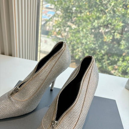 ZIPPER POINTED-TOE HIGH PUMPS IN BEIGE SUEDE ATTACHED SILVER CRYSTAL