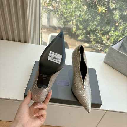 ZIPPER POINTED-TOE HIGH PUMPS IN BEIGE SUEDE ATTACHED SILVER CRYSTAL