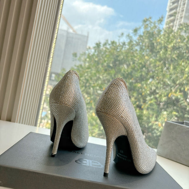 ZIPPER POINTED-TOE HIGH PUMPS IN BEIGE SUEDE ATTACHED SILVER CRYSTAL