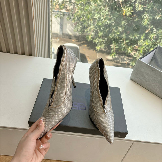 ZIPPER POINTED-TOE HIGH PUMPS IN BEIGE SUEDE ATTACHED SILVER CRYSTAL