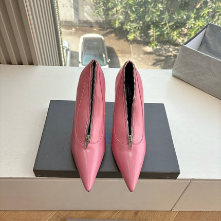 ZIPPER POINTED-TOE HIGH PUMPS IN BUBBLEGUM PINK SHINY LAMBSKIN