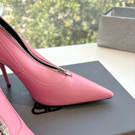 ZIPPER POINTED-TOE HIGH PUMPS IN BUBBLEGUM PINK SHINY LAMBSKIN