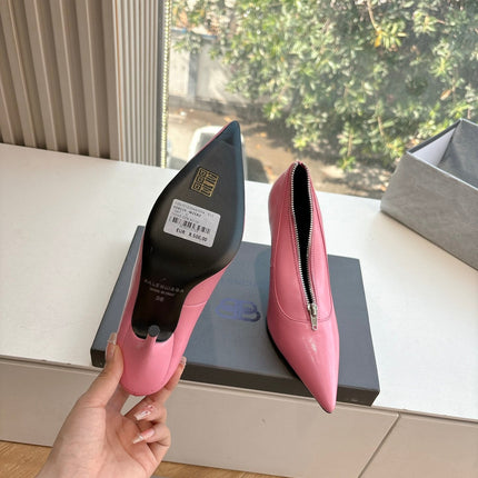 ZIPPER POINTED-TOE HIGH PUMPS IN BUBBLEGUM PINK SHINY LAMBSKIN