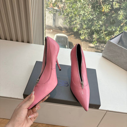 ZIPPER POINTED-TOE HIGH PUMPS IN BUBBLEGUM PINK SHINY LAMBSKIN