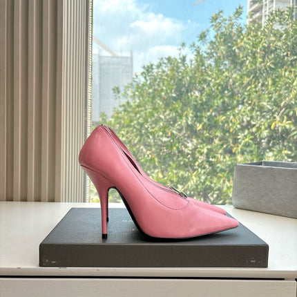 ZIPPER POINTED-TOE HIGH PUMPS IN BUBBLEGUM PINK SHINY LAMBSKIN