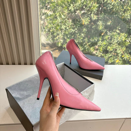 ZIPPER POINTED-TOE HIGH PUMPS IN BUBBLEGUM PINK SHINY LAMBSKIN