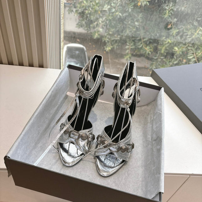CAGOLE HIGH-HEEL SANDALS IN SILVER METALLIC LAMBSKIN