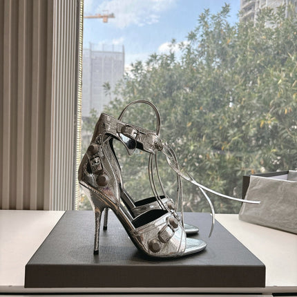 CAGOLE HIGH-HEEL SANDALS IN SILVER METALLIC LAMBSKIN
