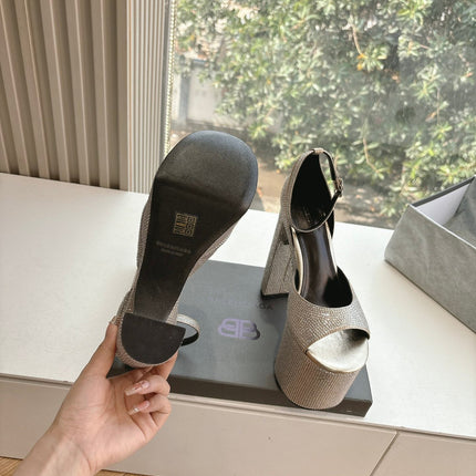 PLATFORM ANKLE STRAP HEELS IN BEIGE METALLIC ATTACHED RHINESTONES CALFSKIN