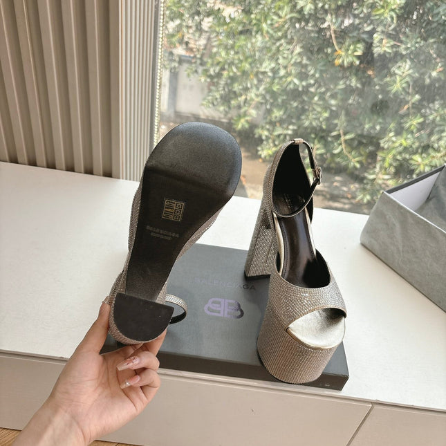 PLATFORM ANKLE STRAP HEELS IN BEIGE METALLIC ATTACHED RHINESTONES CALFSKIN