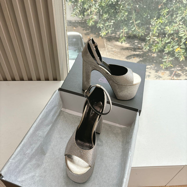 PLATFORM ANKLE STRAP HEELS IN BEIGE METALLIC ATTACHED RHINESTONES CALFSKIN