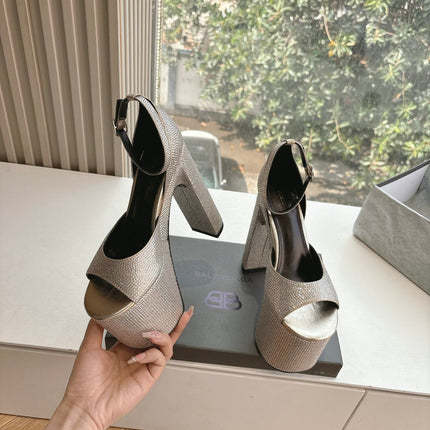 PLATFORM ANKLE STRAP HEELS IN BEIGE METALLIC ATTACHED RHINESTONES CALFSKIN