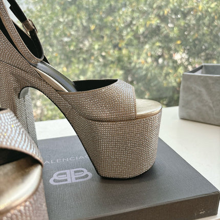 PLATFORM ANKLE STRAP HEELS IN BEIGE METALLIC ATTACHED RHINESTONES CALFSKIN